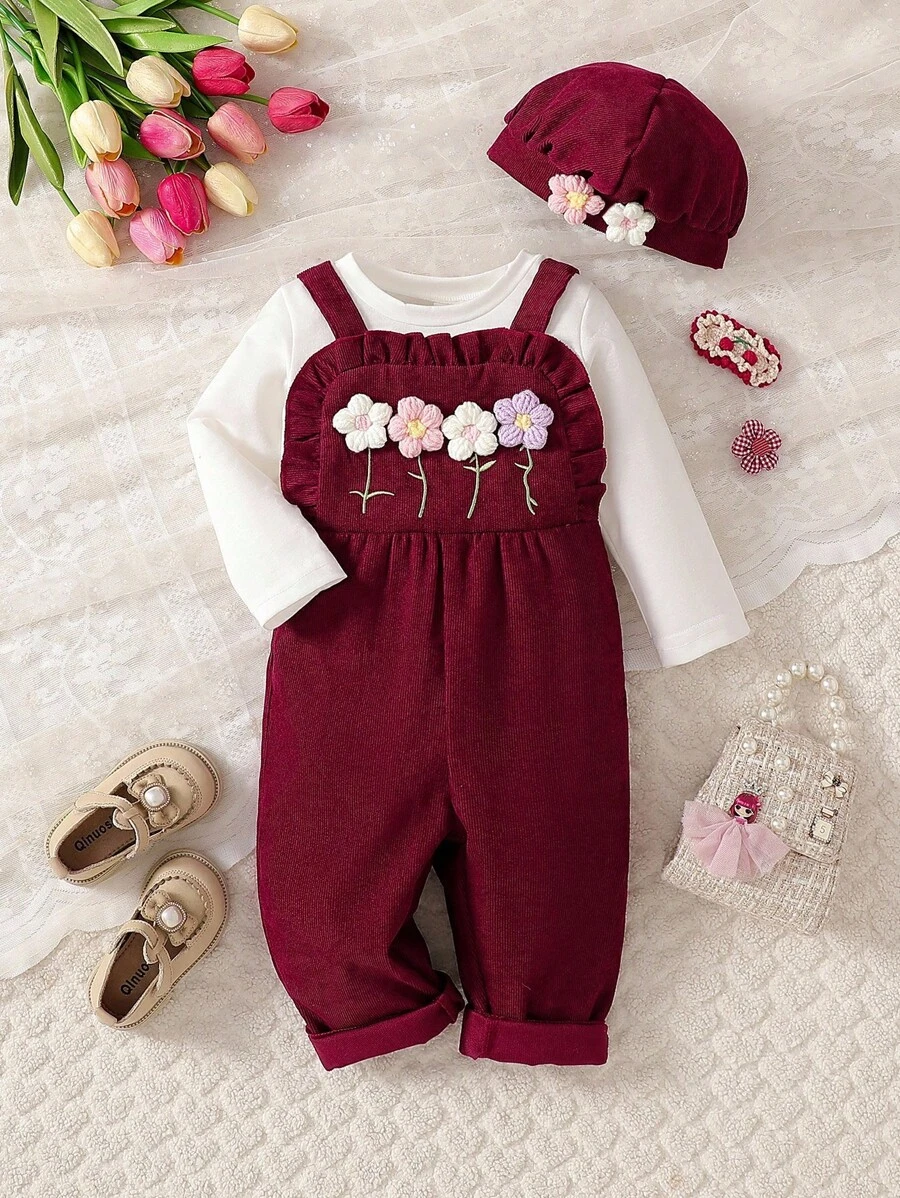 SHEIN Vintaside Kids 2pcs Baby Hooded Jumpsuit, Corduroy Embroidered 3D Floral Design Baby Girl Corduroy Overalls Baby Girl Flower Outfit Baby Girl Fall Outfit Baby Girl Winter Outfit Newborn Outfits For Girls