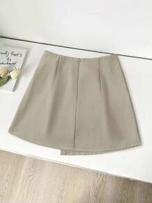 SHEIN PETITE Franclia Fashion Casual Versatile Side Strap Asymmetrical Hem Spring And Summer Khaki Textured Woven Material Women's Short Skirt Women's Skirt Women's Summer Wear Summer Bottoms Women's Skirt Women's Short Skirt Mini Skirt Petite Clothing Women's Casual Clothing All White Casual Outfits Spring - Khaki - View 2