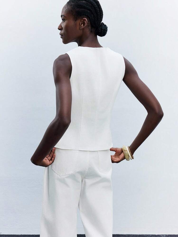 SHEIN Maija Blue V-Neck Single-Breasted Loose Casual Waistcoat Sleeveless Denim Top, Suitable For Spring/Summer, Western Wear For Women, 4th Of July, Saint John, Graduation, Holidays