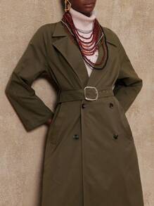 SHEIN Privé VITNOS Fall Summer Modest Old Money Holiday Party BOHO Women's Solid Color Lapel NeckCasual Long Sleeve Fashion Trench Coat - Dark Green - View 10