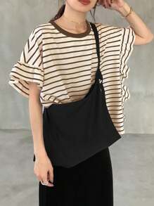 FRIFUL 女式条纹宽松撞色荷叶边下摆T恤学院风上衣