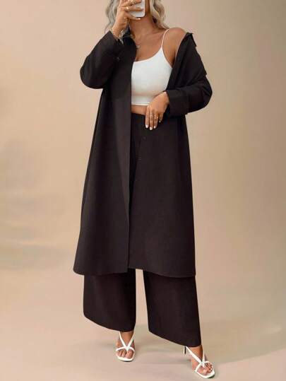 Juhart Plus Size "LUNE" Women's Casual Long Jacket And Regular Pants Retro Simple 2 Pieces Outfit