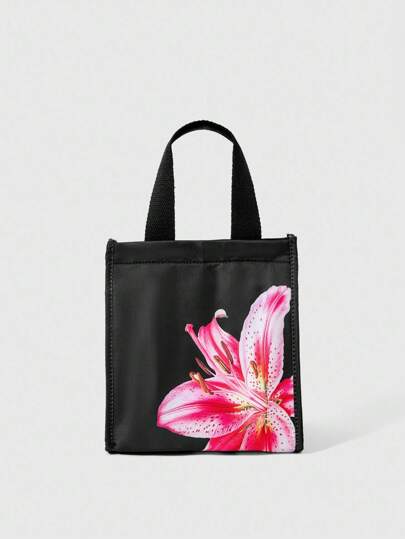 Fairycore Black Flower Print Fashionable Insulated Lunch Bag