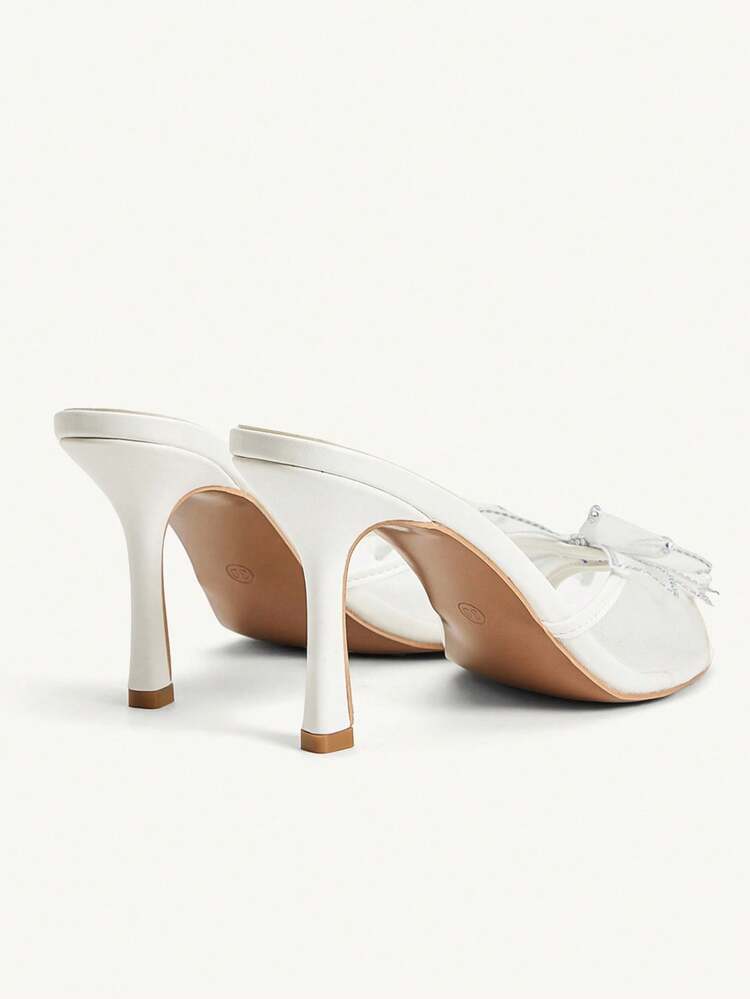 CUCCOO SZL Women's White PU Mesh Patchwork Silver Rhinestone Butterfly Decor Elegant Round Toe Mule High Heel Sandals, Suitable For Summer And Wedding Season