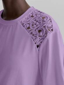 Ontre T-shirt à manches courtes avec col rond en patchwork de dentelle pour femmes, tenue de bureau décontractée urbaine, tenue de bureau formelle pour femmes, pour enseignante, robe d'invitée de mariage, Top de base élégant pour femmes, vêtement d'extérieur