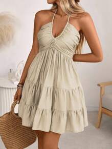 Breezaya 女士春夏单竹结亚麻度假沙滩裙，波西米亚西部褶皱褶胸围分层裙 A 字露背可调节吊带蝴蝶结连衣裙 - 卡其色 - 查看 5