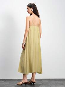 Lumivelle Vestido de satén y brillo con textura de tela de unicolor, decoración de anillo de metal para mujer, vestido de cadena de vacaciones, vestido de verano para la universidad - Verde - Ver 3