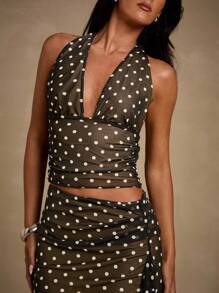 Glamine 2 Pieces Sets White And Black Color Wave Point Sexy V Neck Backless Asymmetrical Maxi Skirt Sets,Club Outfits,Women Fall Clothes,Streetwear,Concert Outfit,Date Night Outfits,Back To School Clothes,Going Out Set,Halloween Set