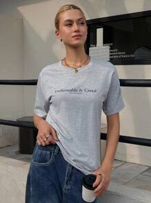 DAZY Camiseta gris holgada y casual con estampado de letras para mujer - Gris - Ver 2