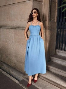 Selenza Váy denim chui đầu xếp ly thời trang thường ngày có túi dành cho nữ - Rửa trung bình - Xem 6