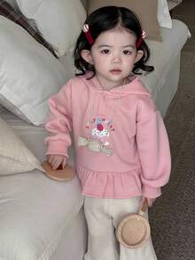 DAZY 女婴连帽纯色休闲荷叶边长袖卫衣，秋冬季幼儿女童服装 - 粉色 - 查看 8