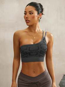 Dewbera Women's Dark Grey Snake Print Spaghetti Strap Sports Bra Crop Top,Black Summer Sexsy Pilates Athletic Tank,Seamless Silk Smooth Backless Gym Workout - Dark Grey - View 4
