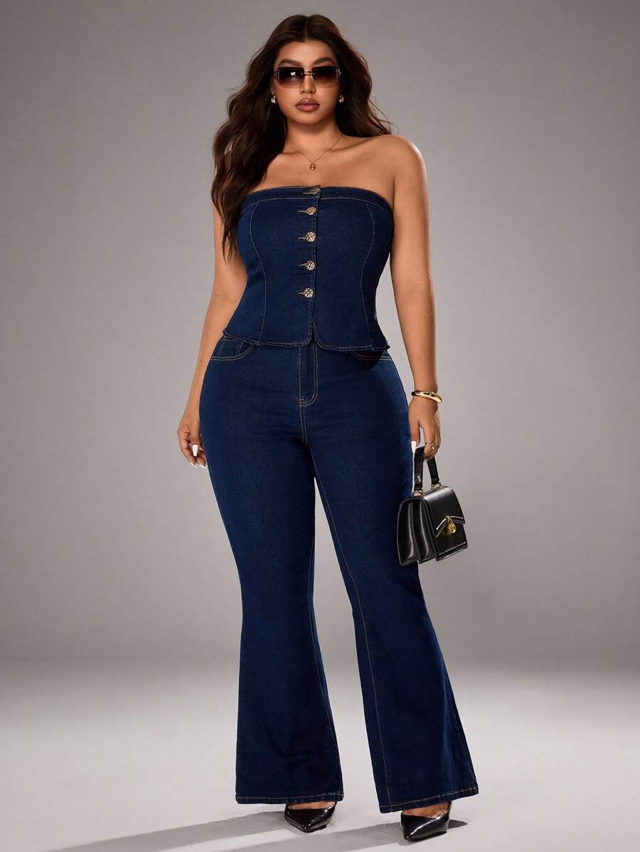 SHEIN Unity Plus Size Women's Fashion Elastic Casual Denim Jeans - Dark Wash - View 1