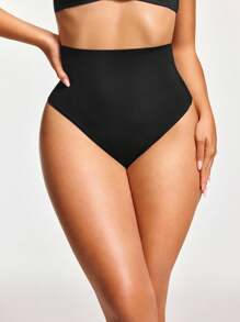 SHEIN Women's Black High Waisted Shapewear Thongs Medium Stretch Knitted Fabric Comfy Casual Long Plain Plus Size Underwear