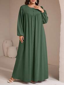 Veilorie Vestido elegante de unicolor estilo árabe para mujer de talla grande - Verde militar - Ver 4