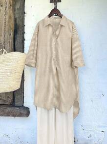 EMERY ROSE 休闲条纹半襟前短后长衬衫 - 彩色 - 查看 4