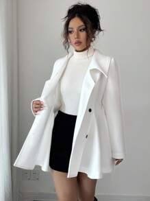 Elenzga Solid Color Double-Breasted Elegant A-Line Overcoat For Women Fall Winter Cloth For Women