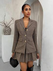 SHEIN SXY Houndstooth Elegant Vintage Jacket & Pleated Skirt Suit,Fall Women Clothes,Winter Clothes For Women,Business Casual Woman,Office Outfits For Women,Lounge Sets For Women,Work Outfits For Women,Work Clothes Women,Plaid Skirt,Festival Outfits For Women,Classy Outfits For Women,Going Out Outfits