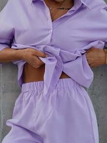 SAYEHFBABY 素色前排扣落肩袖襯衫和短褲 - 紫丁香色 - 查看 3