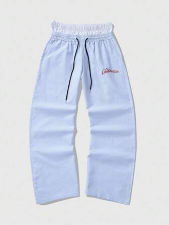 Men's Letter Print Drawstring Waist Wide Leg Loose Casual Striped Pants