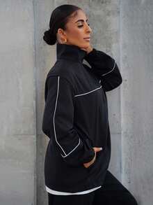 SAYEHFBABY Chaqueta deportiva blanca con cremallera y decoración de ribete a rayas