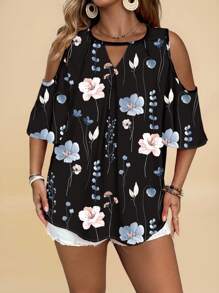 EMERY ROSE 假日风休闲百搭大码露肩蓝白碎花图案钥匙孔领衬衫，夏季度假 - 彩色 - 查看 5