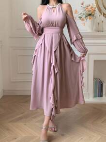 DAZY Abito elegante da donna con spalle scoperte, collo alto e decorazione in perle, di colore unito - Rosa - Visualizzare 2