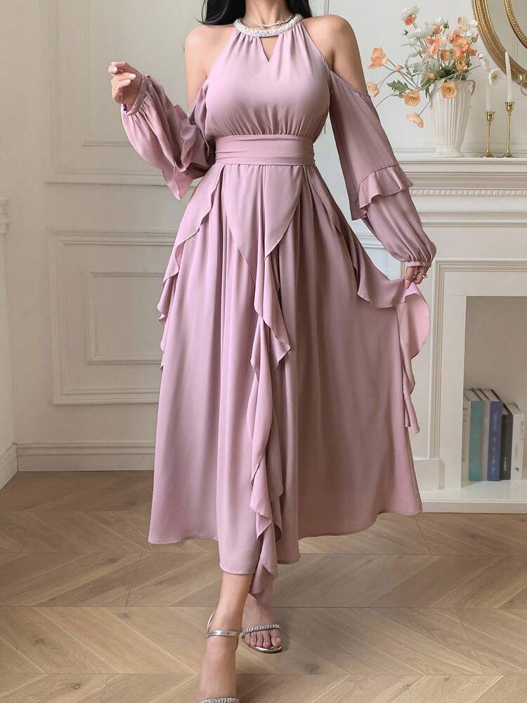 Women's Elegant Solid Color Pearl Decor Cold-Shoulder Halter Dress
