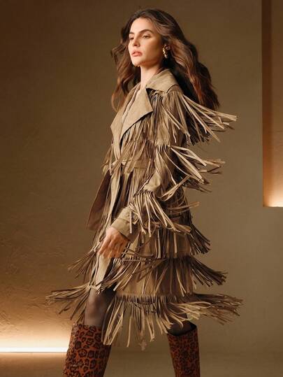 Anewsta Women's Solid Color Lapel NeckLong Sleeve Fringe Design Fashion Jacket