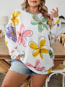 SHEIN CURVE+ Sudadera holgada de manga larga con cuello redondo y estampado minimalista para mujer de talla grande, ropa de otoño. Suéter de punto con estampado de plantas y cuello redondo para mujeres de talla grande en otoño - Multicolor - Ver 3