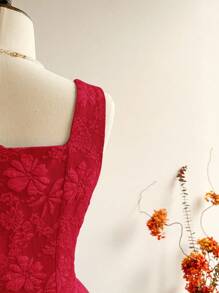 Vintamour 复古优雅女装春夏修身无袖连衣裙提花面料拼布伞形下摆连衣裙白色连衣裙 - 紅色 - 查看 3