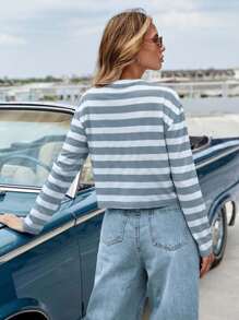 EURMUSE Striped Print Drop Shoulder Tee - Light Grey - View 2