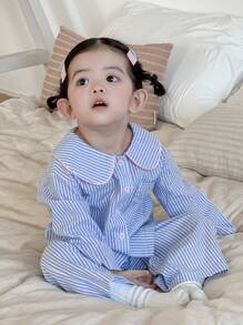 DAZY Baby Girls' Striped Korean Style Peter Pan Collar Long Sleeve Casual Pajamas - Blue - View 3