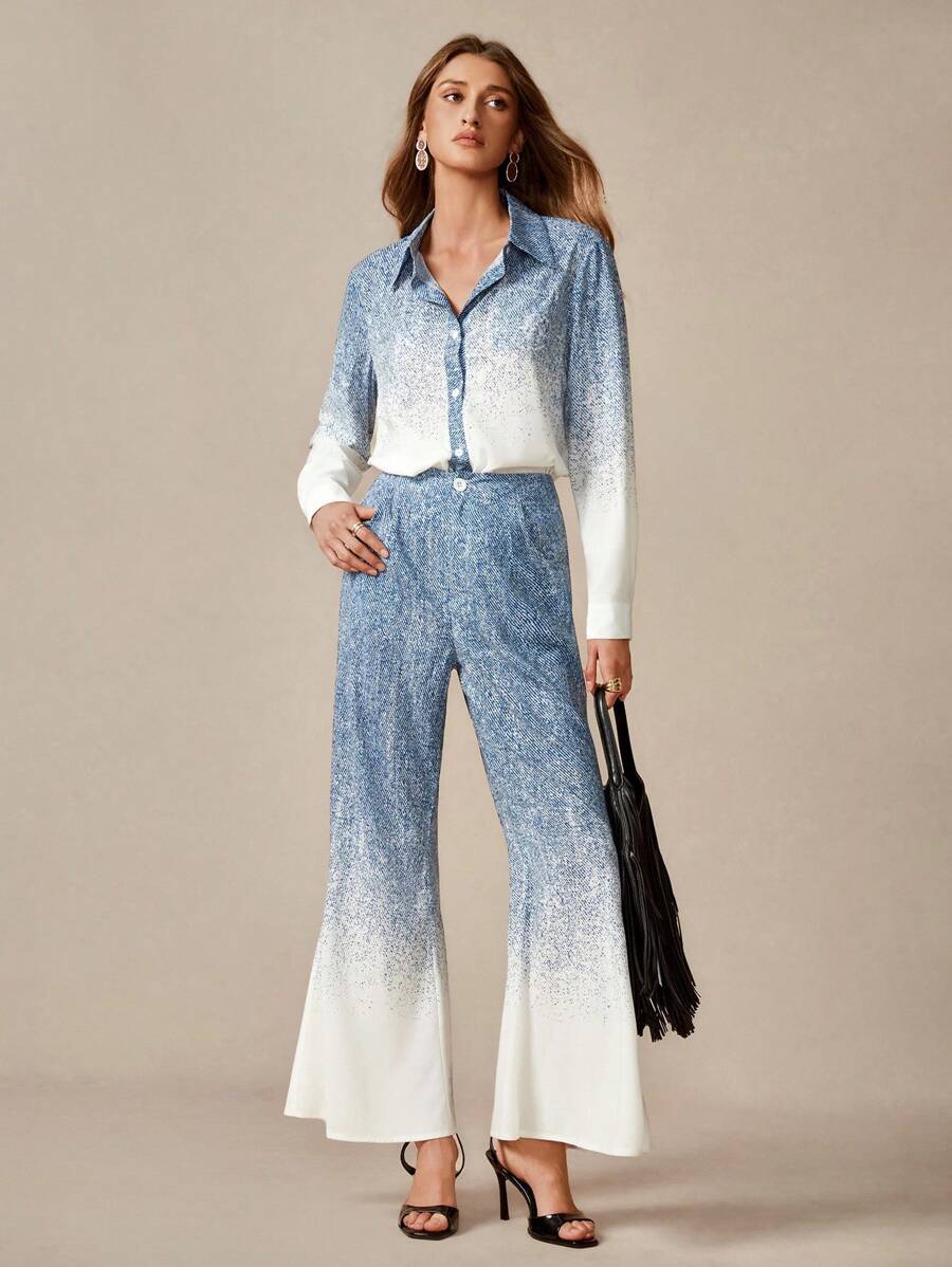 SHEIN Unity Damen Frühling/Herbst Boho Lässiges Denim Farbverlauf Hemd und hohe Taille Weite Schlaghose 2 Stücke Set - Blau-Weiß - Übersicht 1