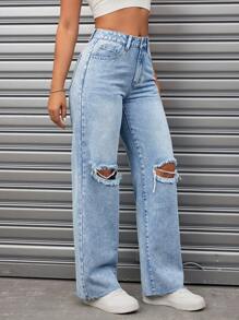 SHEIN ICON 大码女式宽松直筒破洞牛仔裤，带口袋，休闲无弹力牛仔裤 - 藍色 - 查看 3