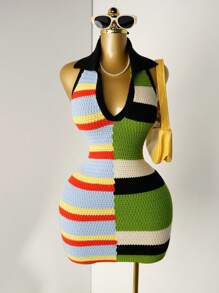 Mistrie Váy dệt kim ngắn không tay cổ bẻ nhiều màu sắc cho nữ - màu đen - Xem 4