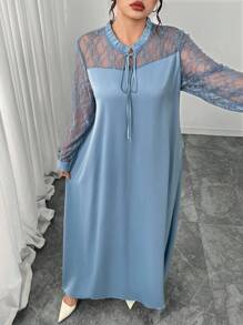 Lacomfia V-Neck Long Sleeve Contrast Lace Flared Dress, Spring/Summer Fall Cloth For Women - Blue - View 7