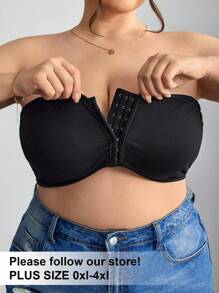 SHEIN EZwear Plus Size Women's Front Zip Plus Size Minimizer Padded Top,Boho Vacation,Fall,Back To School,Country Concert,Rave,Business Casual,Office,Work,Teacher