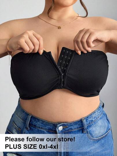 SHEIN EZwear Plus Size Women's Front Zip Plus Size Minimizer Padded Top,Boho Vacation,Fall,Back To School,Country Concert,Rave,Business Casual,Office,Work,Teacher