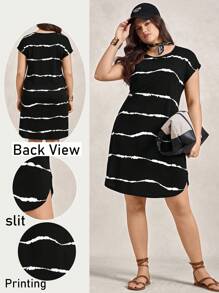 Zelara Plus Size Summer Casual Asymmetrical Striped Dress, Hem Side Slit Dress, Hem Curved Dress, Round Neck,Back To School Clothes,Homecoming Dress,Teacher Outfits For Women,Airport Outfit Women,Simple & Fashionable,Casual Daily Wear,Suitable For Daily Wear, Everyday Commute & Outdoor Essential, Vacation Style, Holiday Outfits,Boho/Bohemian,Office Siren Style Mini Dress,A-Line Dress,Waist-Slimming Mini Dress,Women Boho/Bohemian Dress - Black and White - View 7