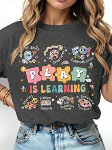 EMERY ROSE 大码女式夏季字母和卡通印花圆领短袖休闲T恤，适合教师