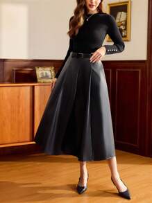 Vintamour 复古经典优雅女式半身裙，秋冬宽松 PU 皮革 A 字裙，带腰带、口袋，黑色，长款 - 黑色 - 查看 8