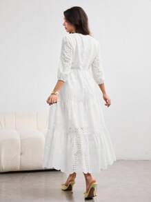 Modelyn Women's Long Embroidered Puff Sleeve Square Neck Elegant Romantic Dress, Light Yellow, Spring/Summer - White - View 2