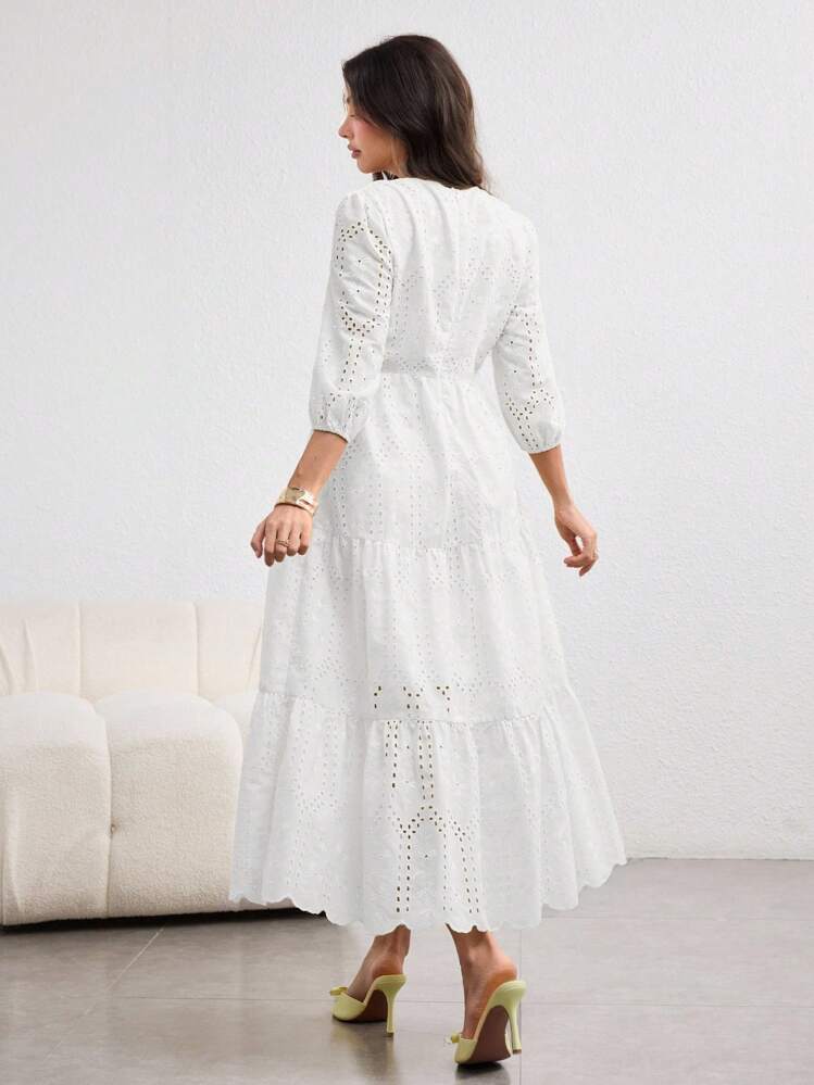 Modelyn Vestido elegante y romántico de manga abullonada larga, cuello cuadrado y bordado para mujer, color amarillo claro, primavera/verano - Blanco - Añade 2
