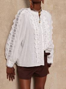 Lumalex VITNOS 2025 Autumn/Winter New Luxury Bohemian Vintage Casual Fashion White Lace Patchwork Long Sleeve Blouse, Suitable For Easter, Music Festivals, Halloween, Back To School, Daily Outings, Parties
