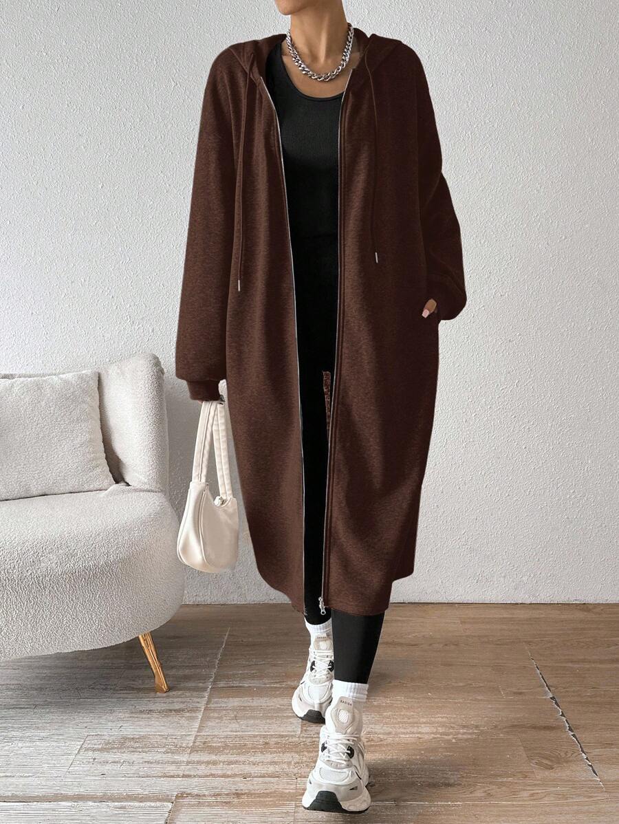 SHEIN EZwear Women's Brown Mid-Length Hooded Jacket With Thermal Lining, Autumn/Winter New Arrival - Brown - View 1