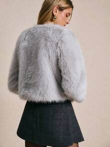 Poéselle Women's Knitted Single-Breasted Short Faux Fur Coat, Women's Winter Coat, Women's Winter Coat, Women's Winter Coat, New Year , Party, Business Casual Woman, Old Money, Elegant Women, Classy For Women, Fall Winter - Light Grey - View 8