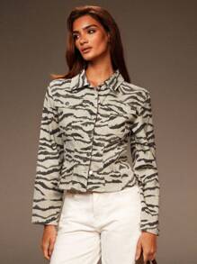 Athîral Women's Casual Zebra Print Denim Jacket, Fall Women Clothes,Winter Jacket Women,Halloween Clothes - Khaki - View 2