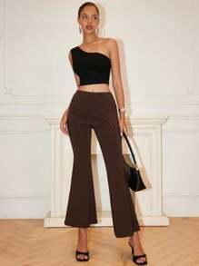 Chiquease Pantalones de falda acampanada de 2 en 1 de cintura baja de punto retro para mujer, leggings de punto de alta elasticidad estilo Maillard casual para primavera y otoño - Marrón - Ver 3