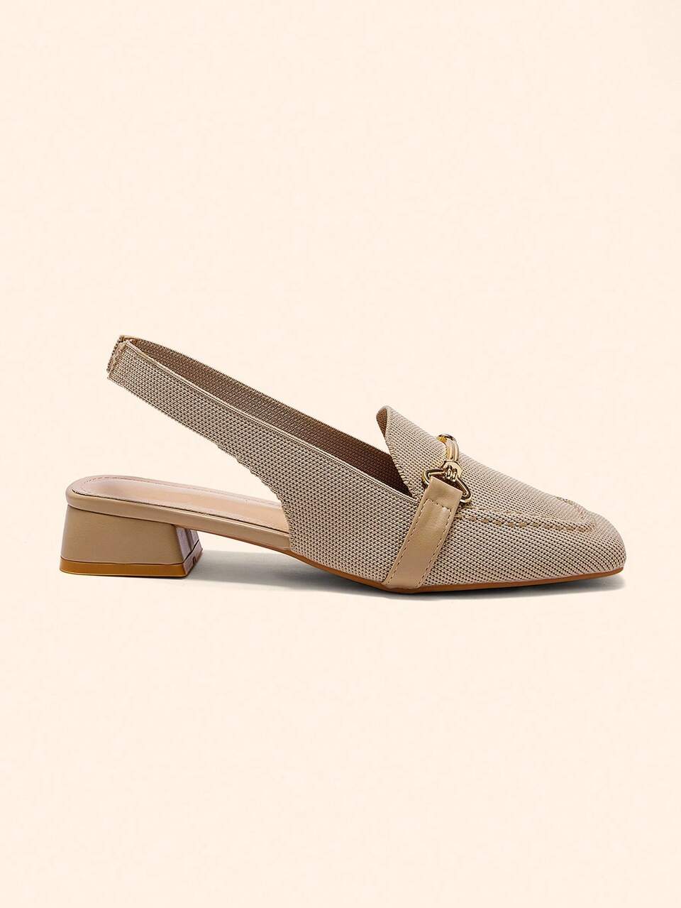 CUCCOO BASICS Women's Apricot Fabric Chain Strap Low Heel Square Toe Slingback Flats, Suitable For Commuting, Dating, Party, Holiday